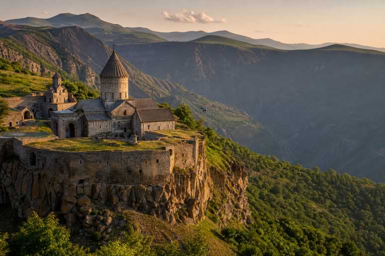 Tatev Monastery perched on a cliff above Vorotan Gorge in southern Armenia