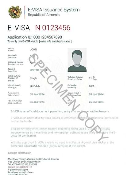 Sample Armenia e-Visa approval document showing reference number, validity dates and entry conditions